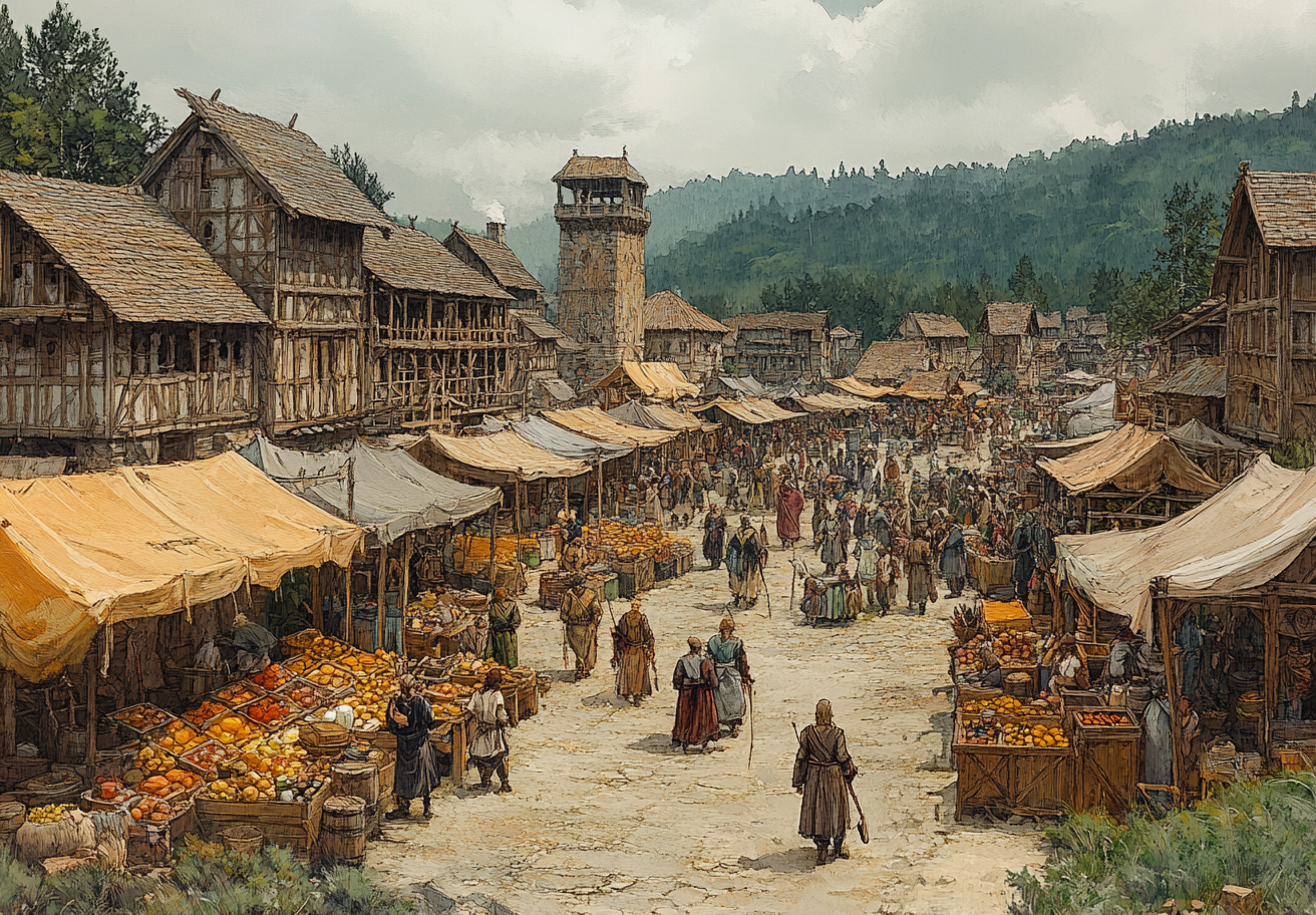 Busy Viking Market Square in Brazilian Jungle, 1540