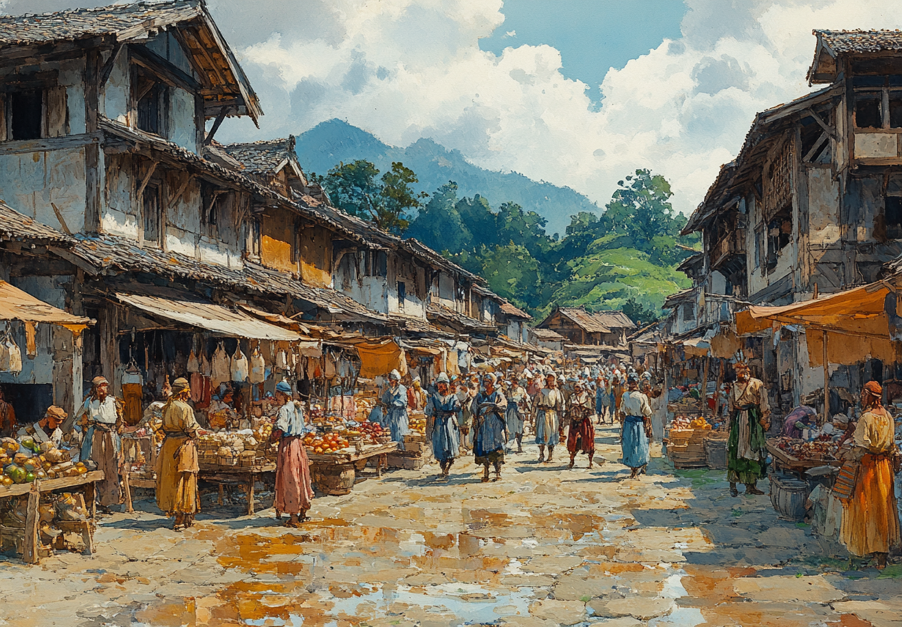 Busy Viking Market Square in Rundown Brazil: Illustration