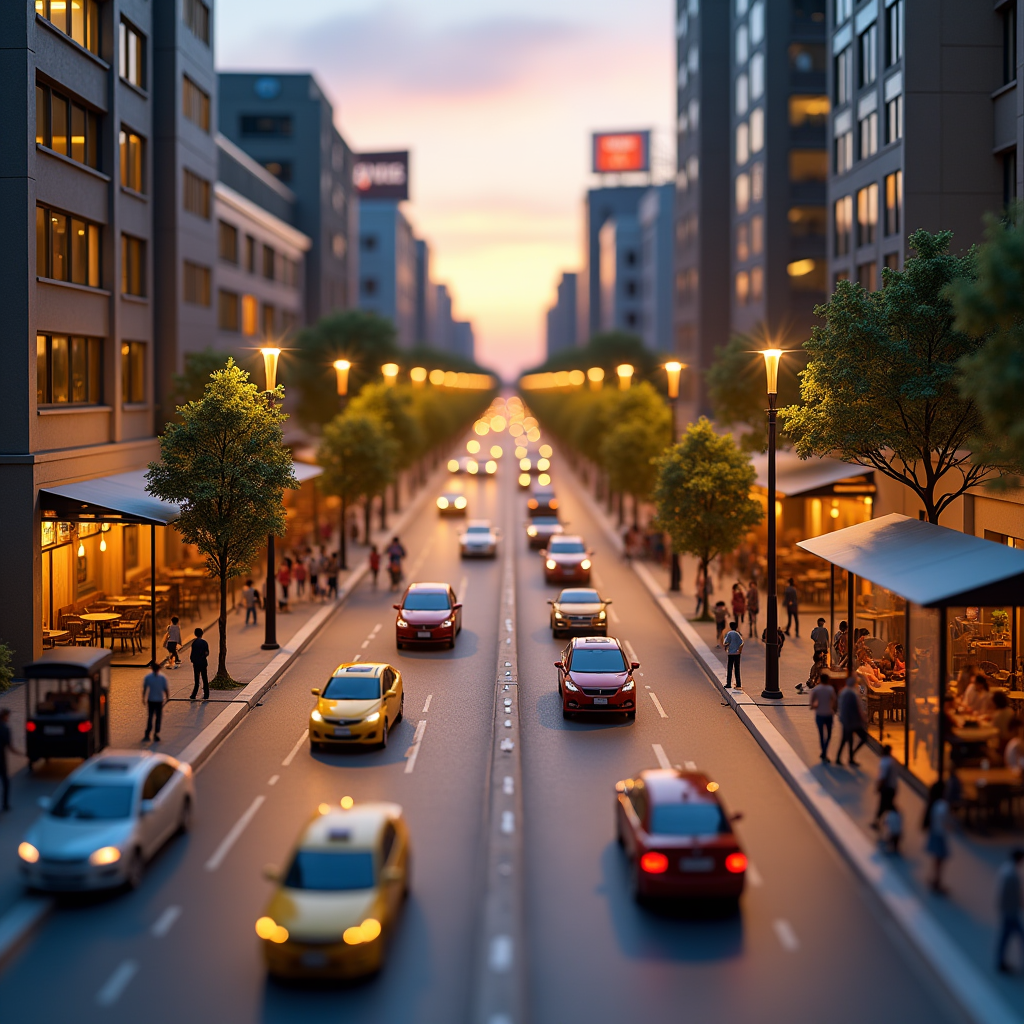 Busy city street at evening rush hour.