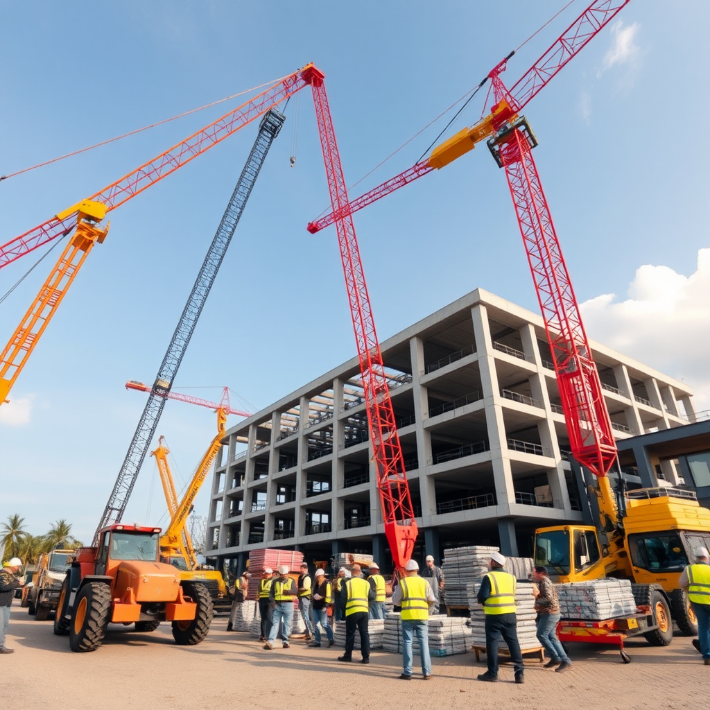 Busy construction site with cranes, workers, and building.