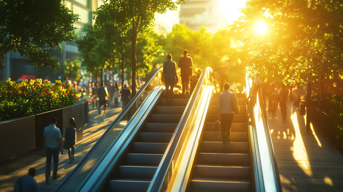 Busy escalator in sunny train station, detailed realism