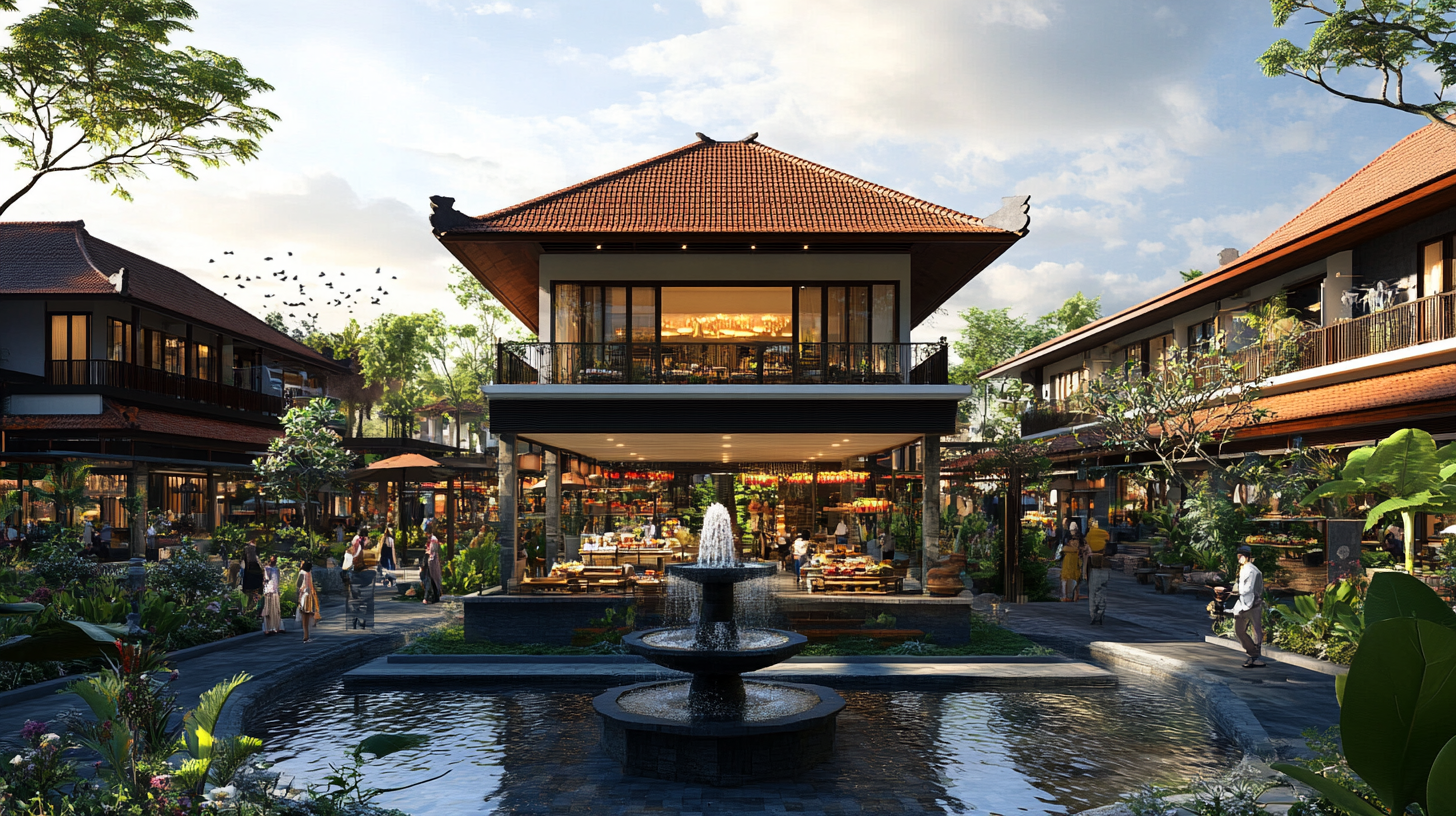 Busy modern Bali-themed retail building with food stalls