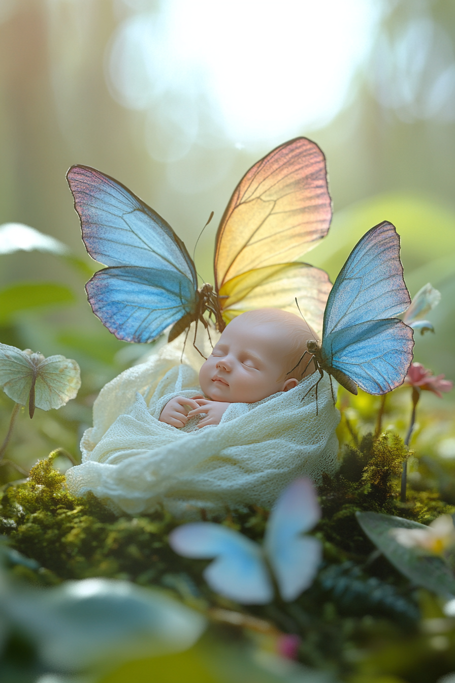 Butterflies Carry Sleeping Baby in Enchanted Forest