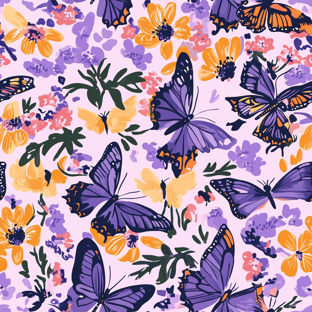 Butterflies and flowers in a colorful garden scene