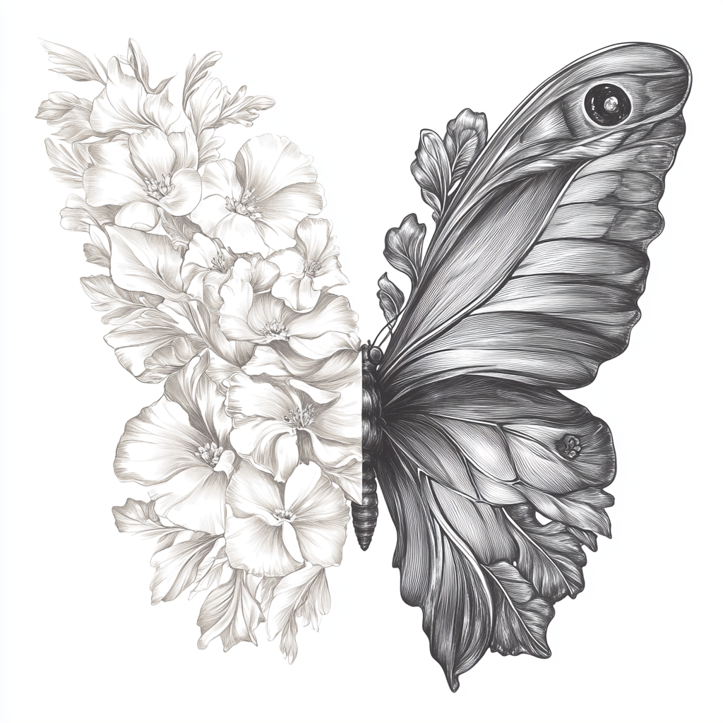 Butterfly silhouette with flower wing laser engraved illustration