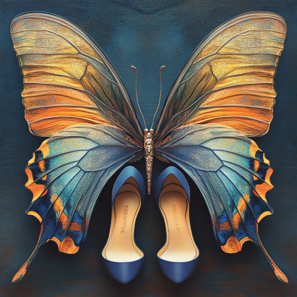 Butterfly wings embrace stylish shoes in magical fantasy.