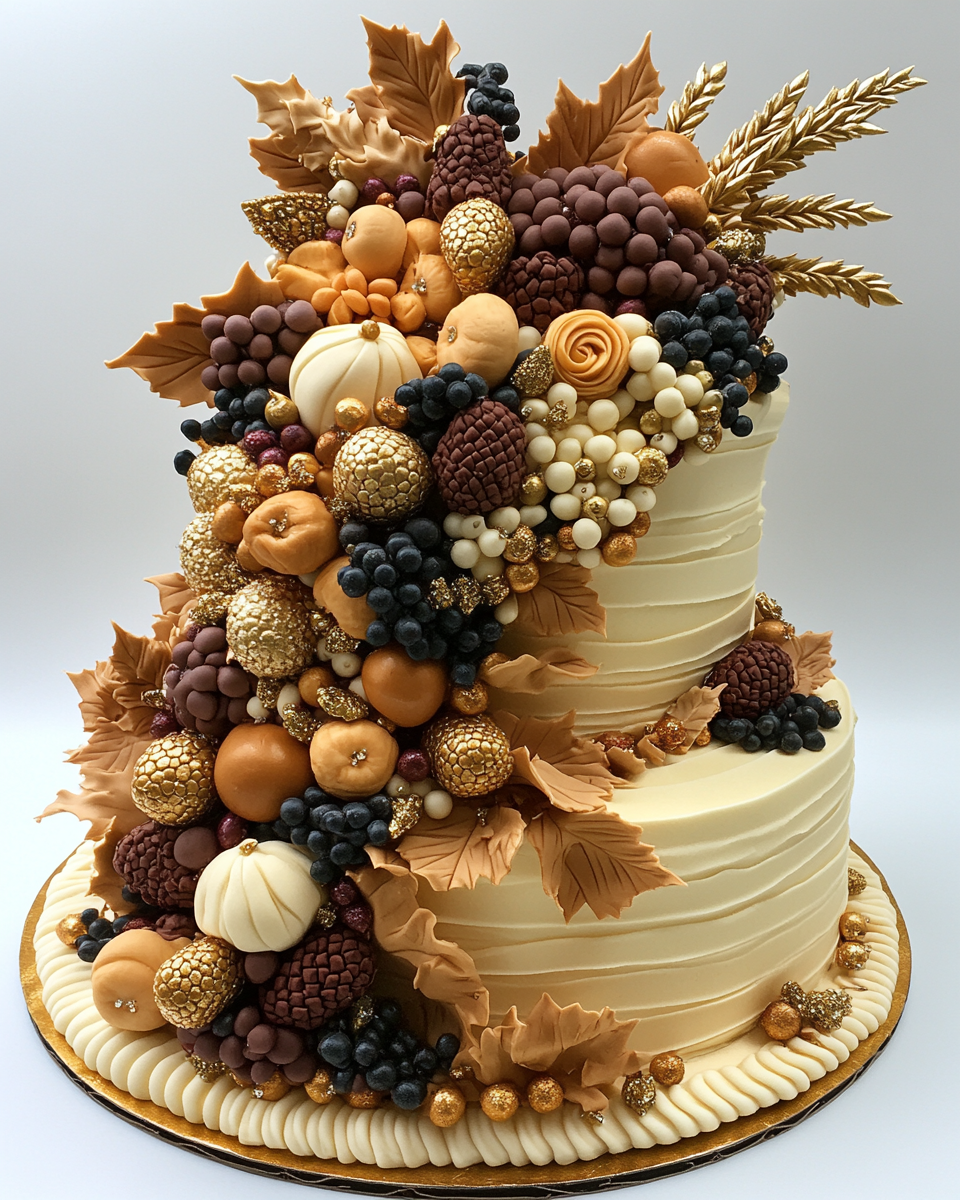 Butterscotch Thanksgiving Cornucopia cake with fruit and gold designs.