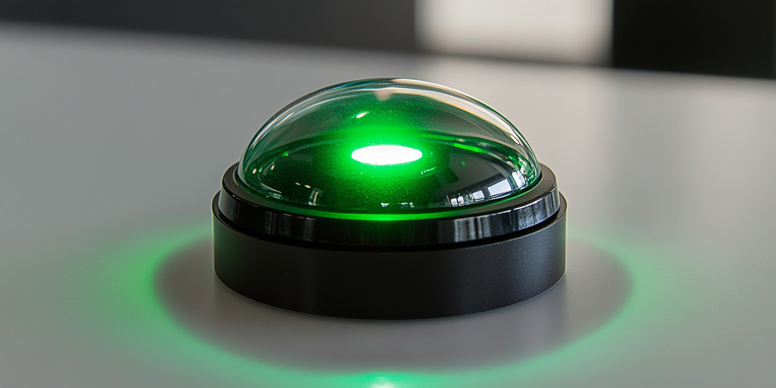 Button with green top LED light on black base.