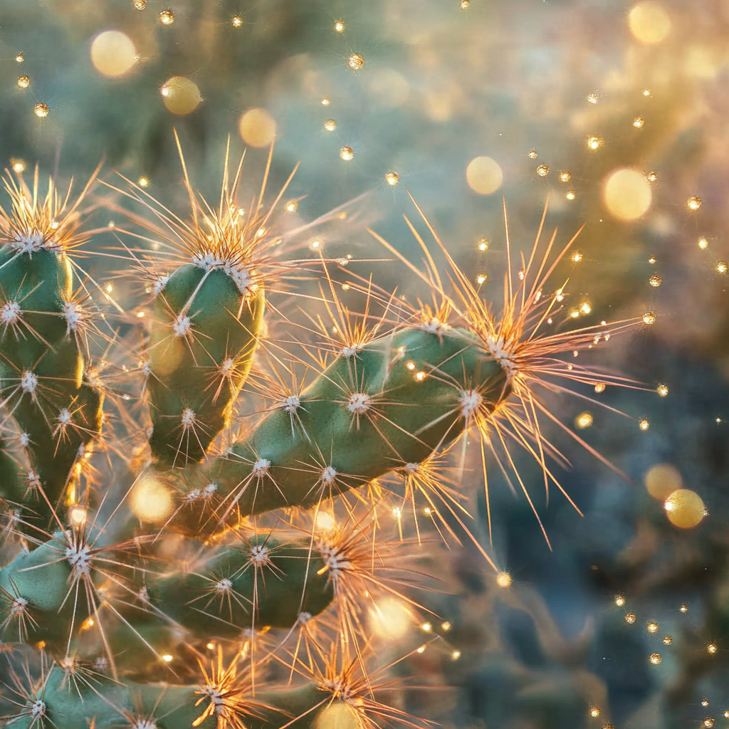 Cactus with dewdrops in morning sunlight