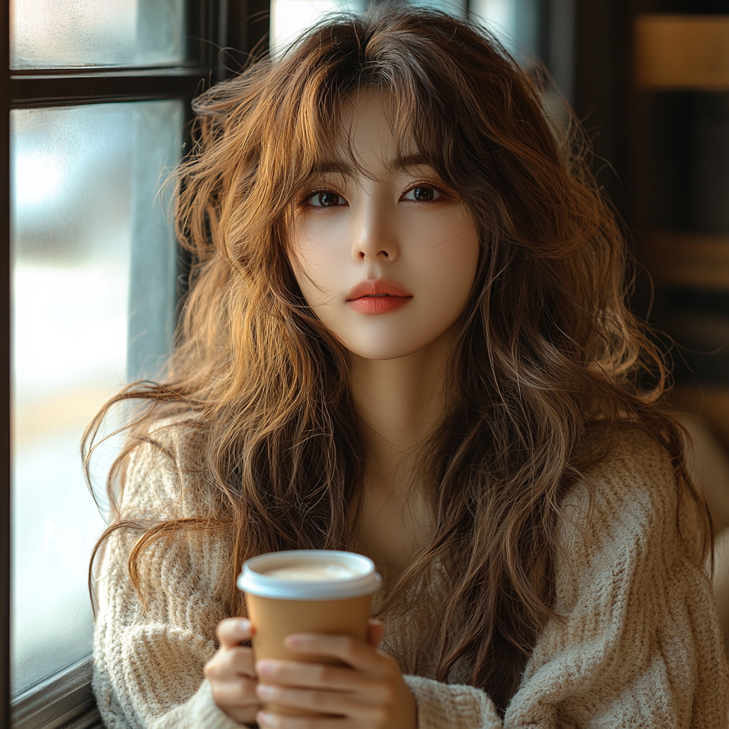 Calm Korean woman with coffee by window.