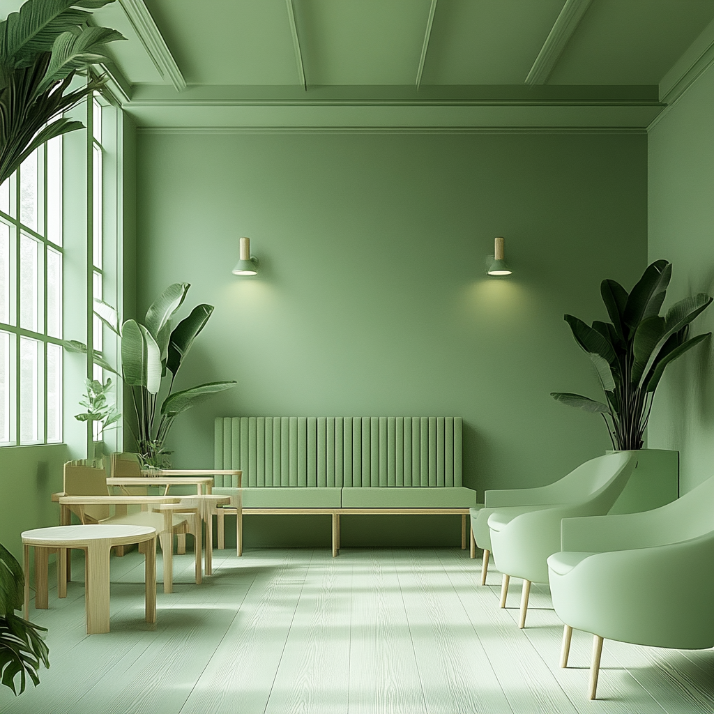 Calm green waiting room with white accents.