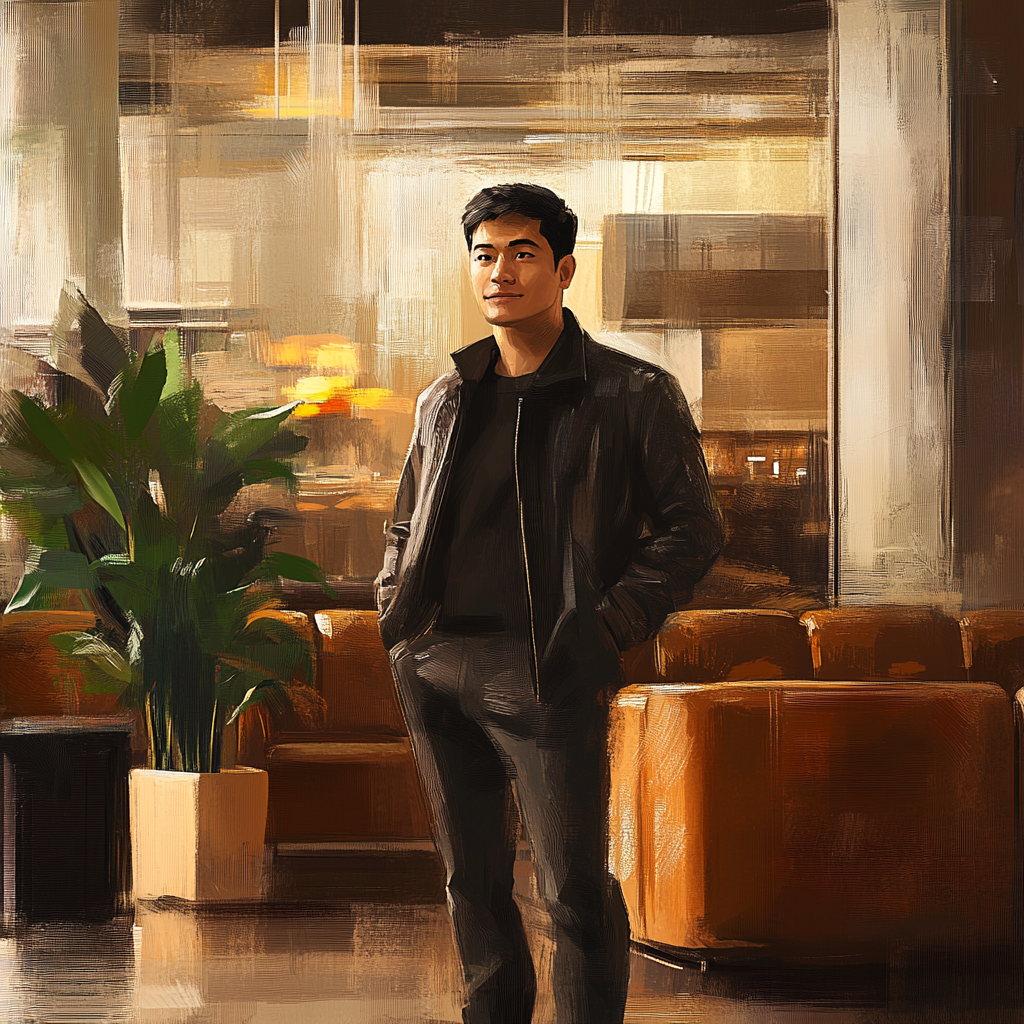 Calm traveler in cozy airport lounge painting