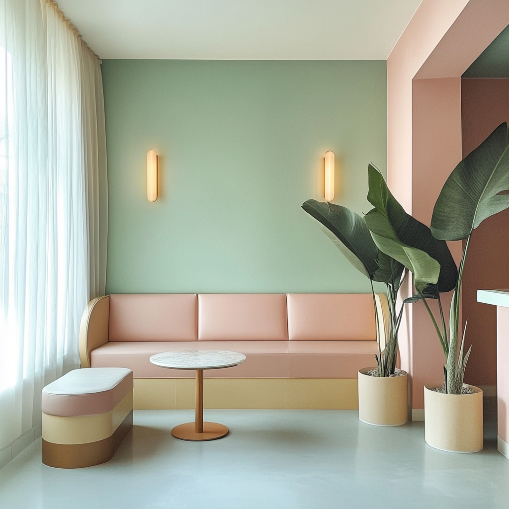 Calm waiting room with light green and pink.