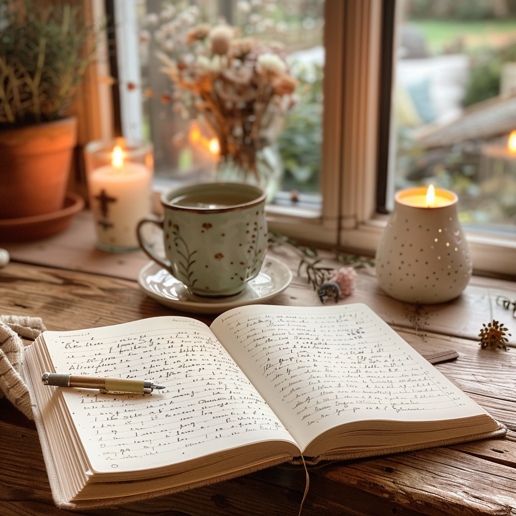 Calming gratitude journal on wooden desk with tea