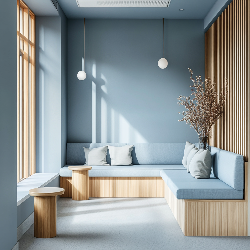 Calming light blue interior promotes mental well-being