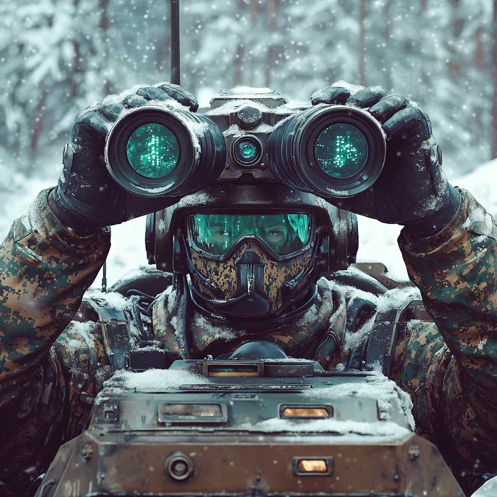 Camouflaged cyborg tank commander looks through binoculars