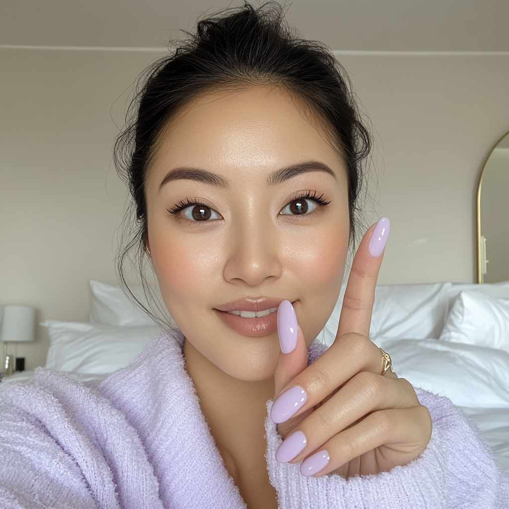 Candid Asian woman showing manicured lavender nails in selfie.