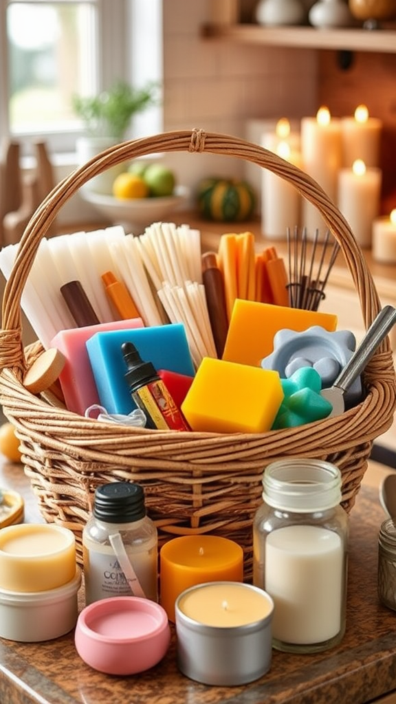 Candle Making Basket with colorful wax blocks & molds.