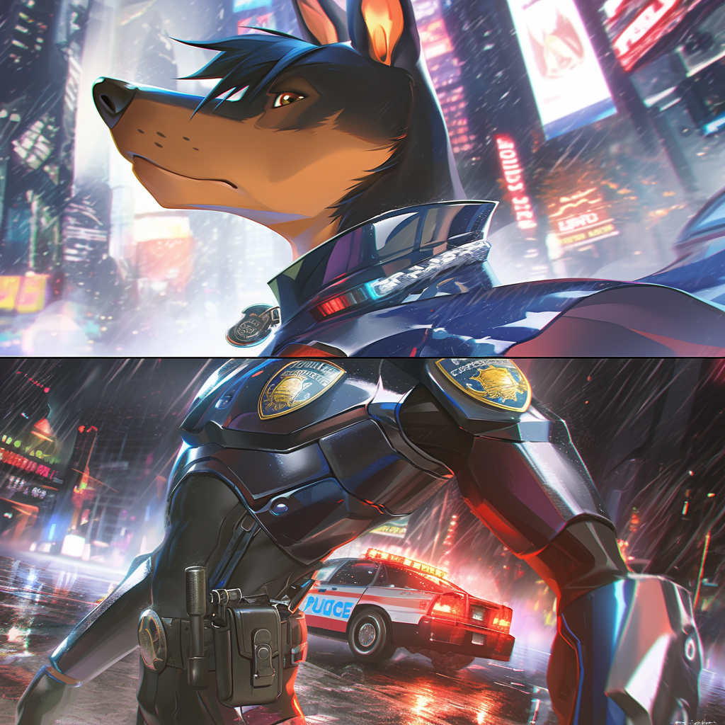 Canine patrol in futuristic police uniform, ready for action.