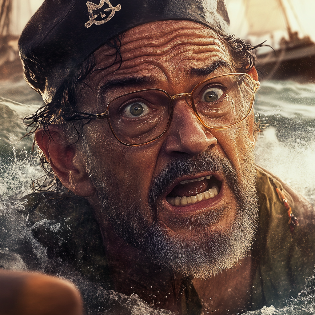 Captain Phillips chased by pirates in a goofy comedy.