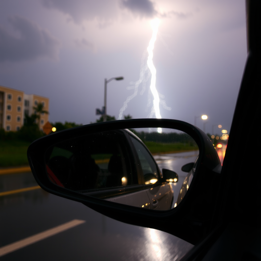 Car's reflection in mirror on rainy night