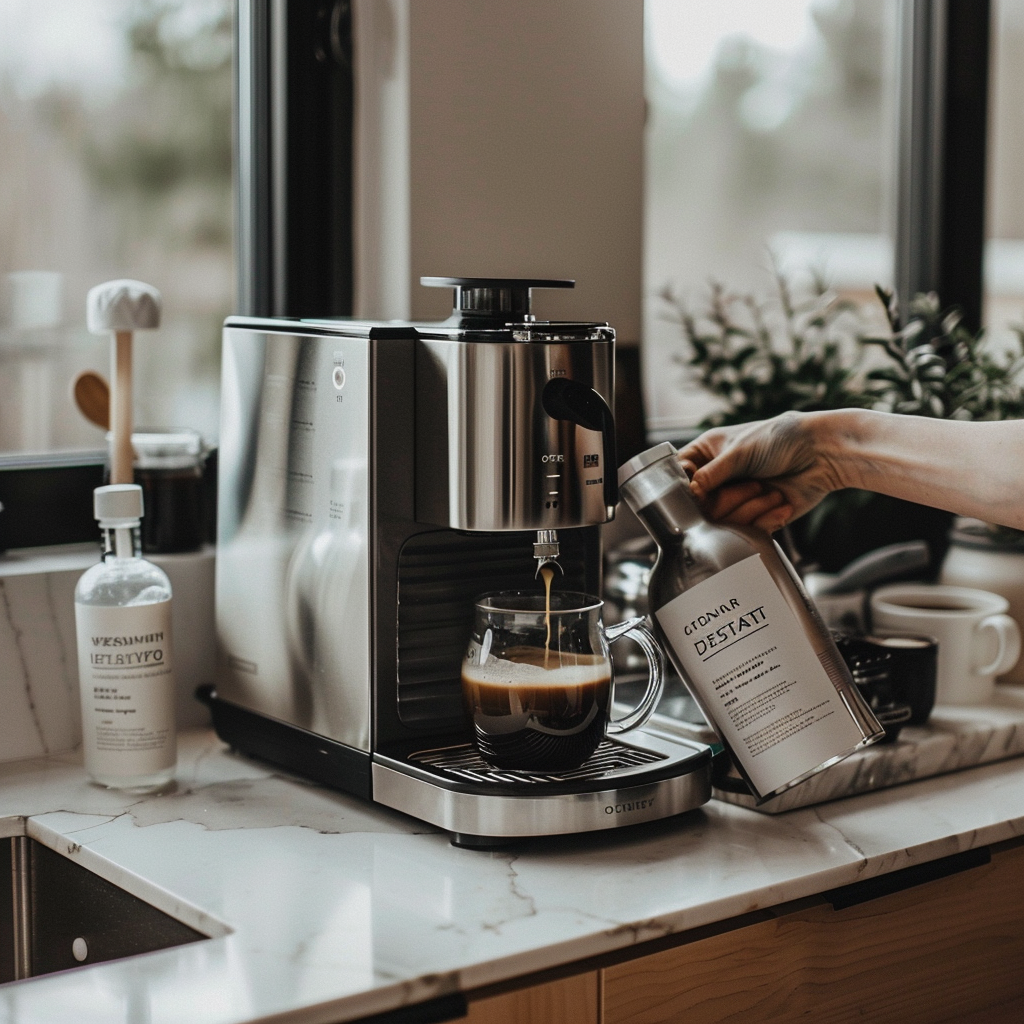 Careful cleaning of coffee machine in modern kitchen.