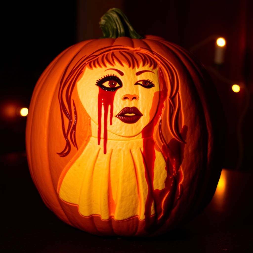 Carrie's Face on a Pumpkin in Bloody Prom Dress