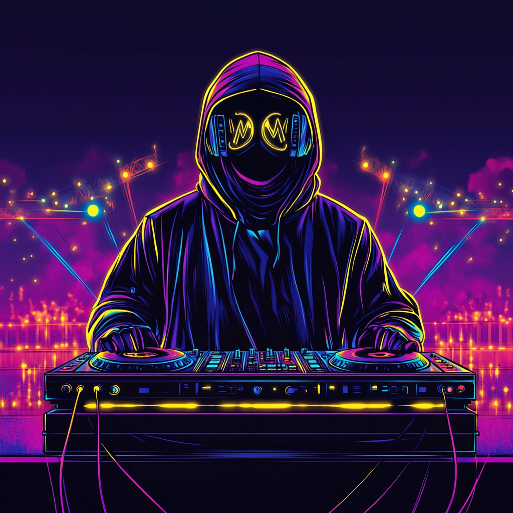 Cartoon DJ at Festival with Neon Colors