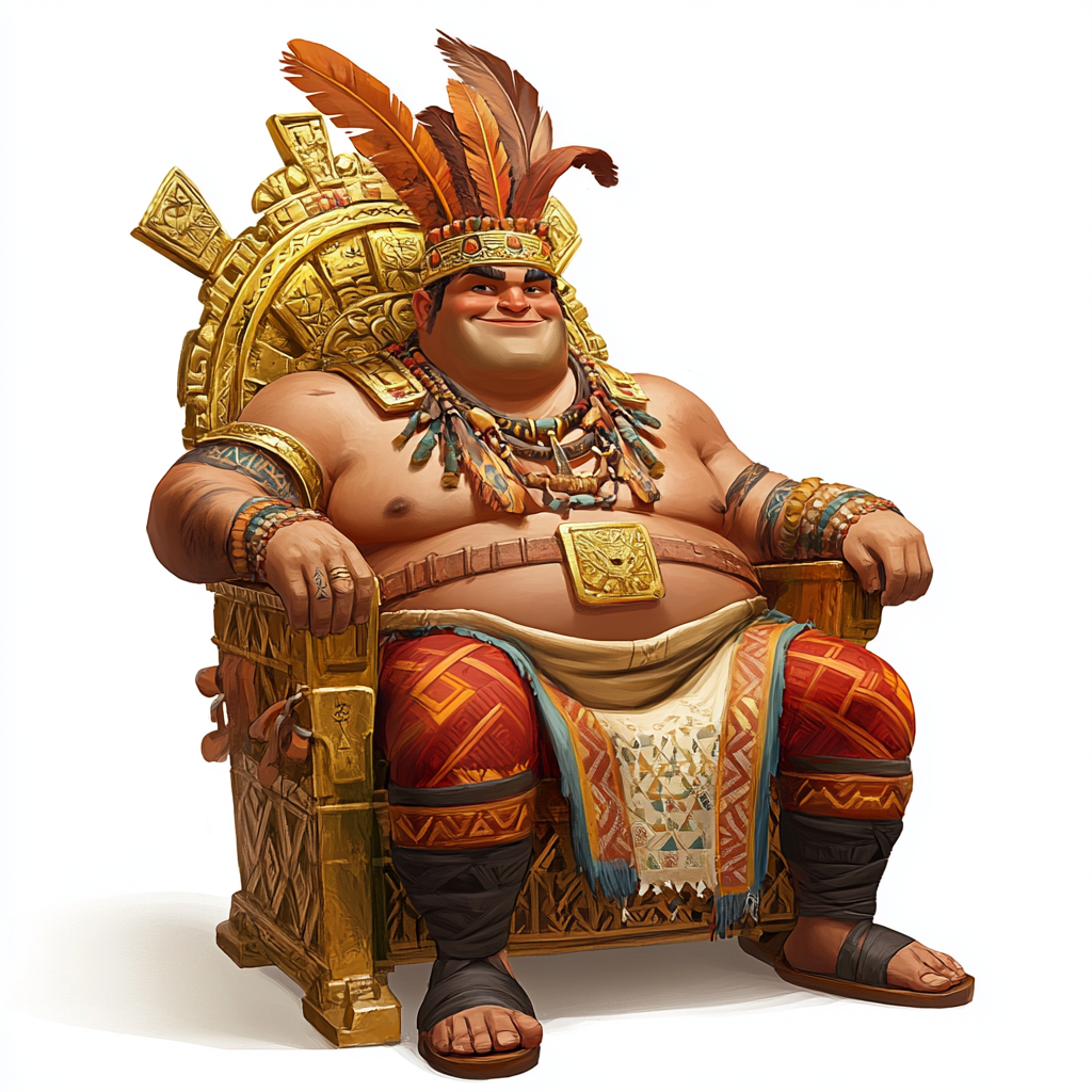 Cartoon Fat King on Golden Throne with Feathers