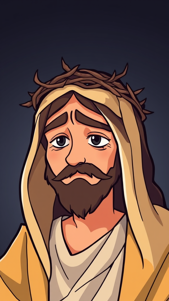 Cartoon Jesus with Thorn Crown and Sad Face