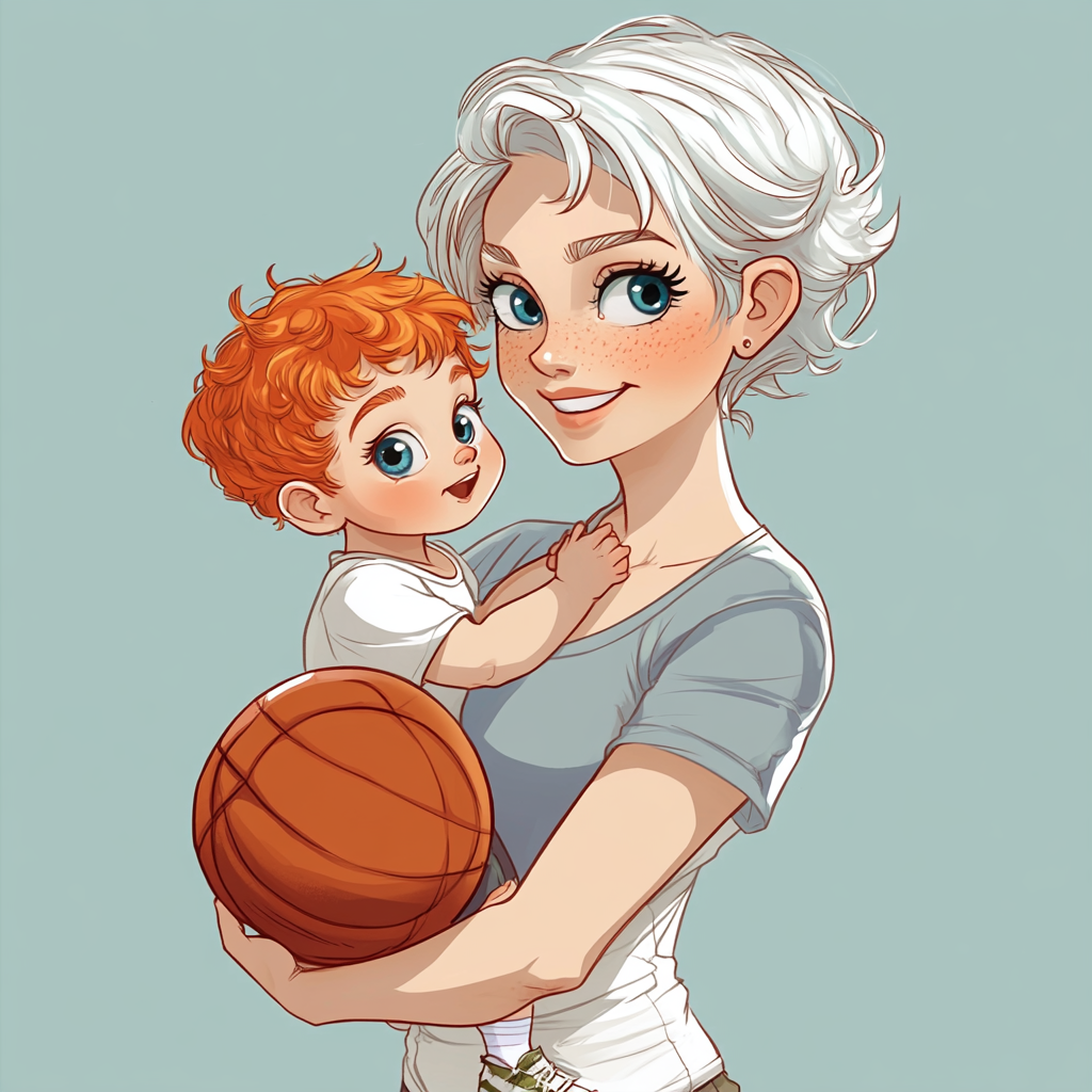 Cartoon Mom with Silver Pixie Hair Holding Baby Boy 