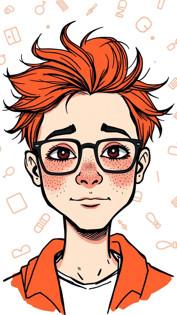 Cartoon Portrait with Glasses, Freckles, Messy Hair