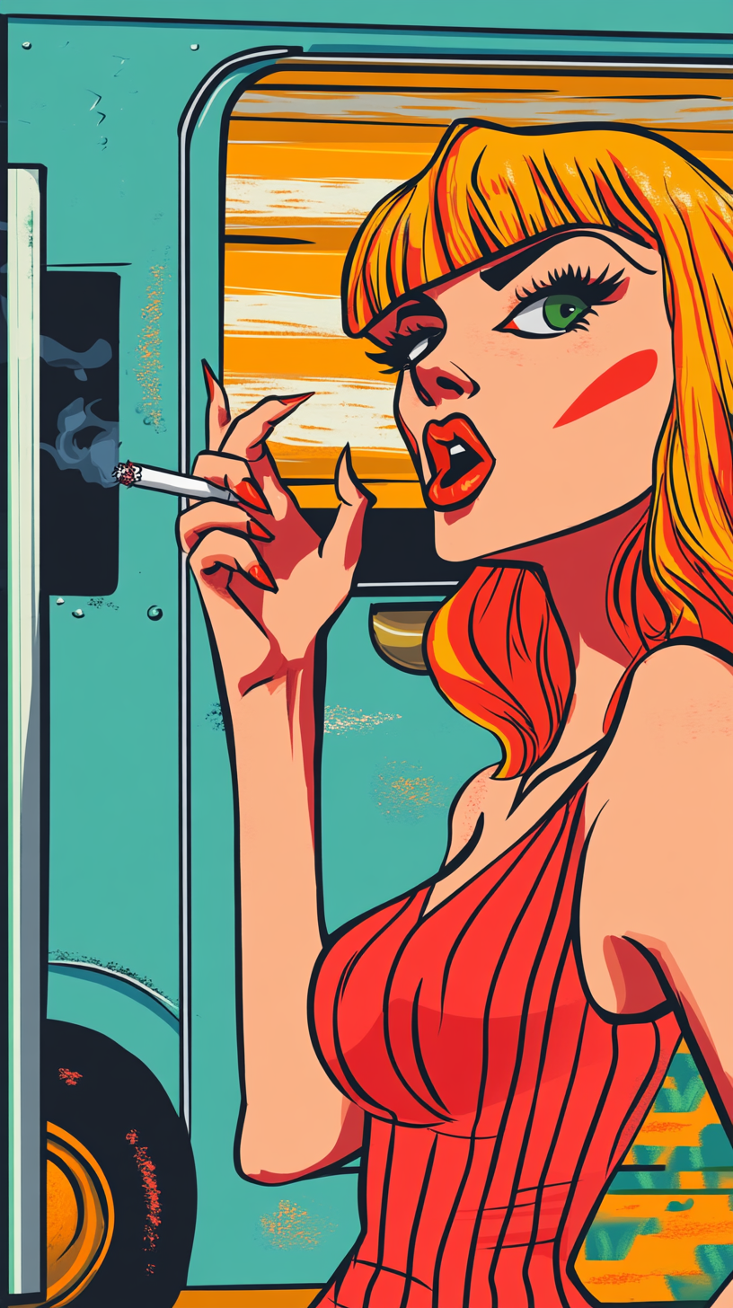 Cartoon Woman Stops, Holds Cigarette Outside Trailer.