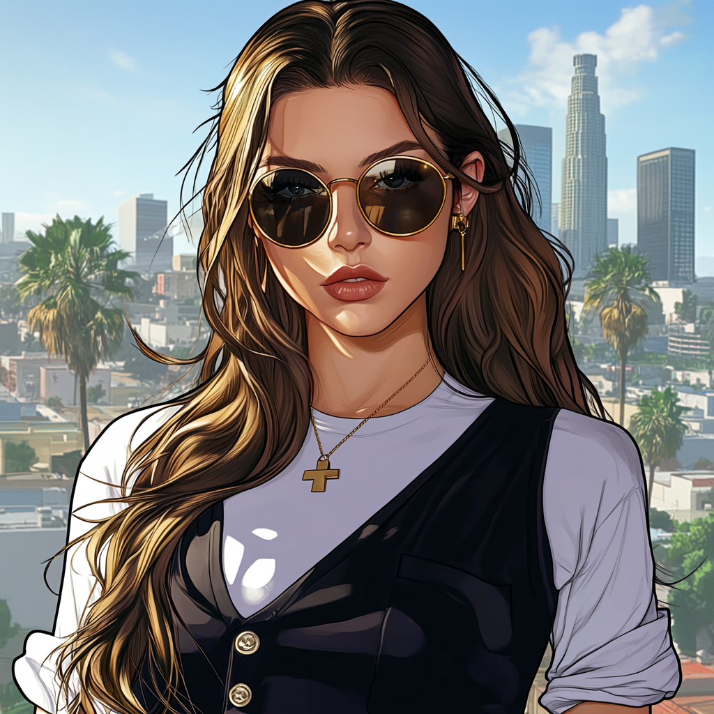 Cartoon Young Woman in Black Sunglasses in LA