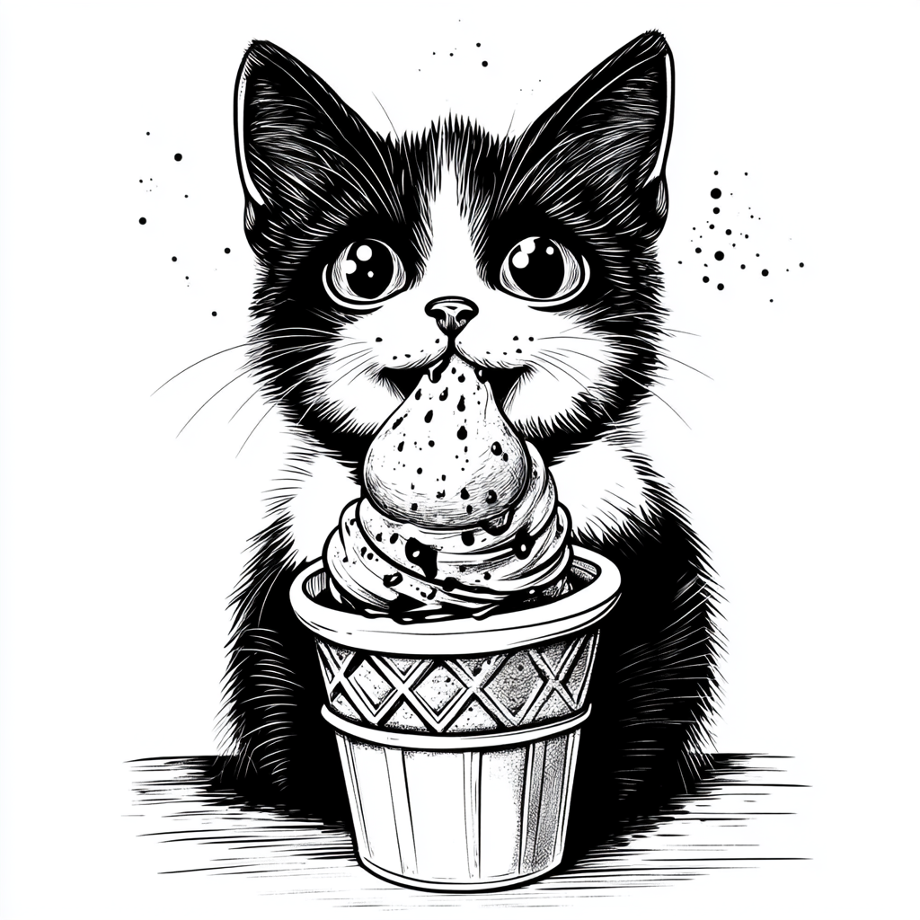 Cartoon cat eats ice cream in parlor