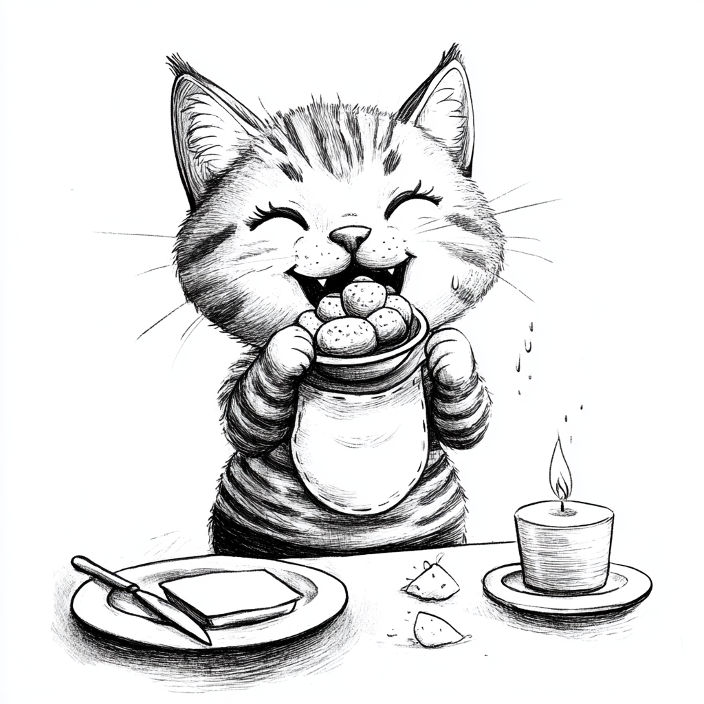 Cartoon cat enjoying noodles in fancy restaurant