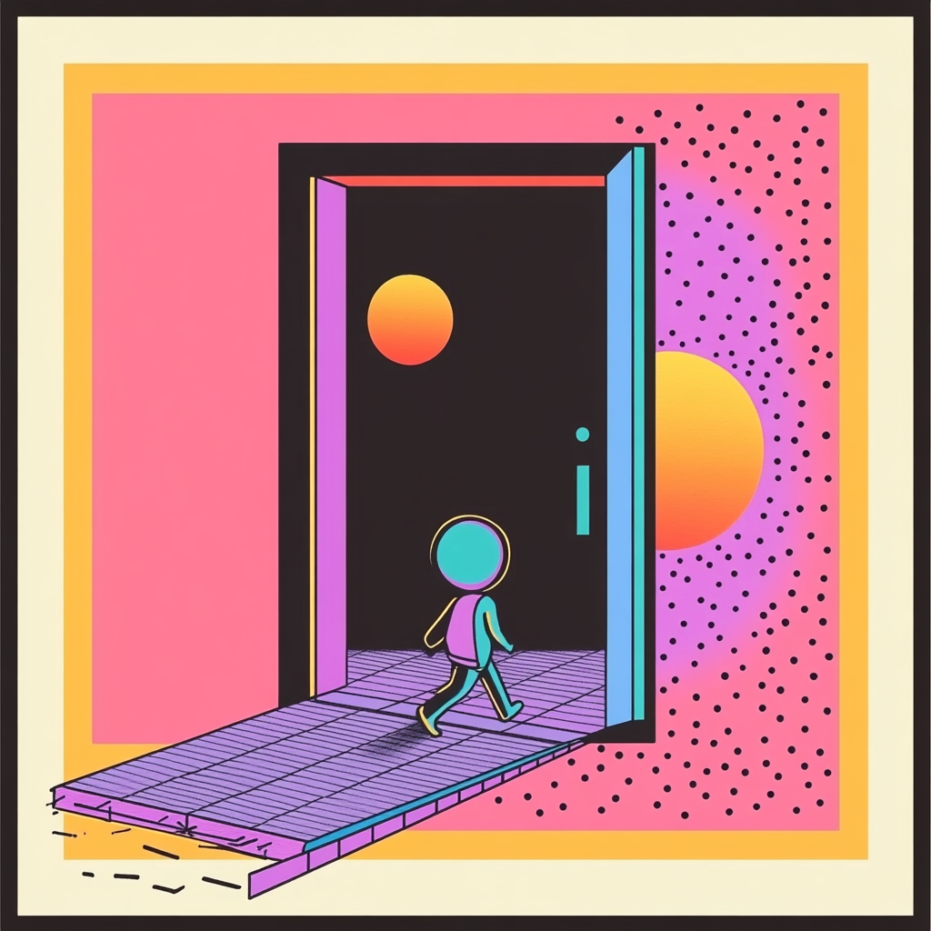 Cartoon character walks out of retro door design