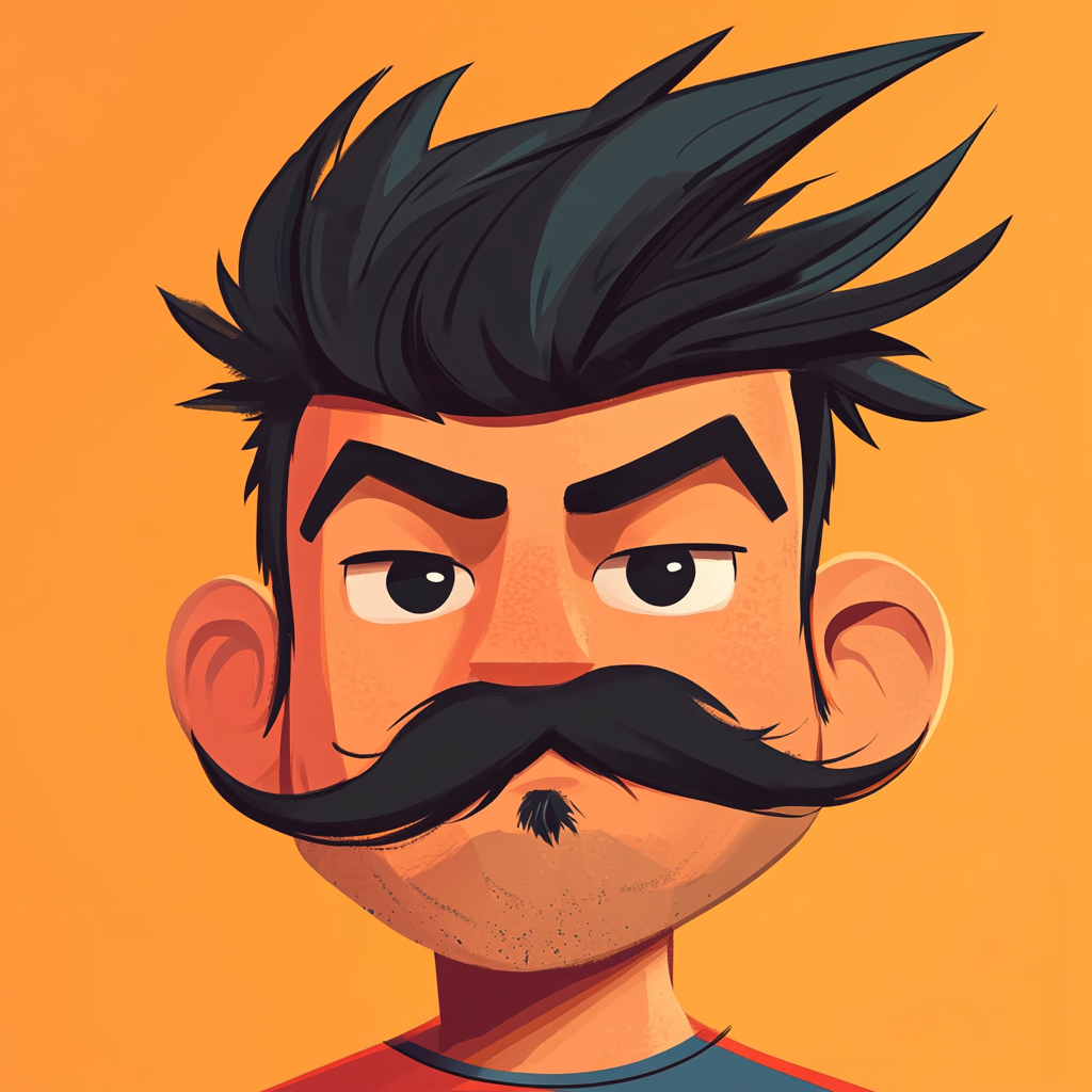 Cartoon guy with mullet mustache and spiked hair