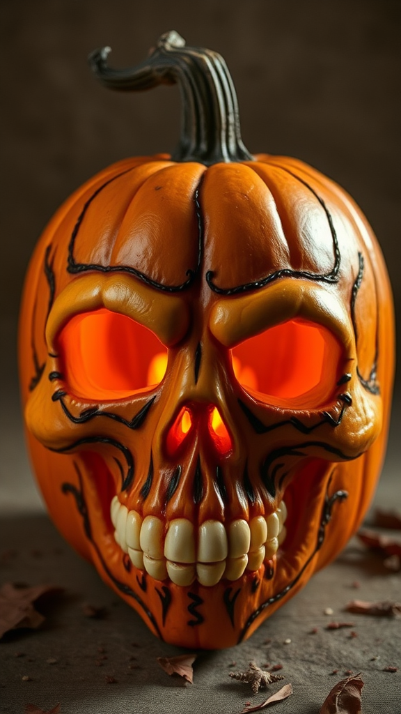 Carved Skull Pumpkin with hallow eyes