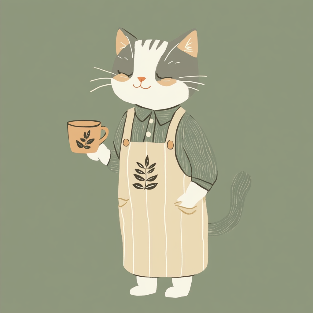 Cat Barista in Tea Leaves Pattern Pose