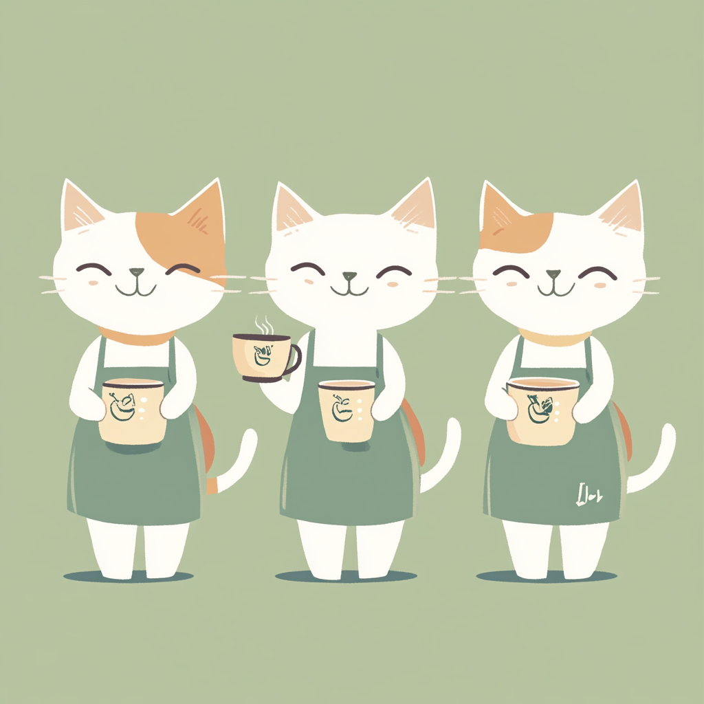 Cat Barista with Tea Pattern in 3 Poses