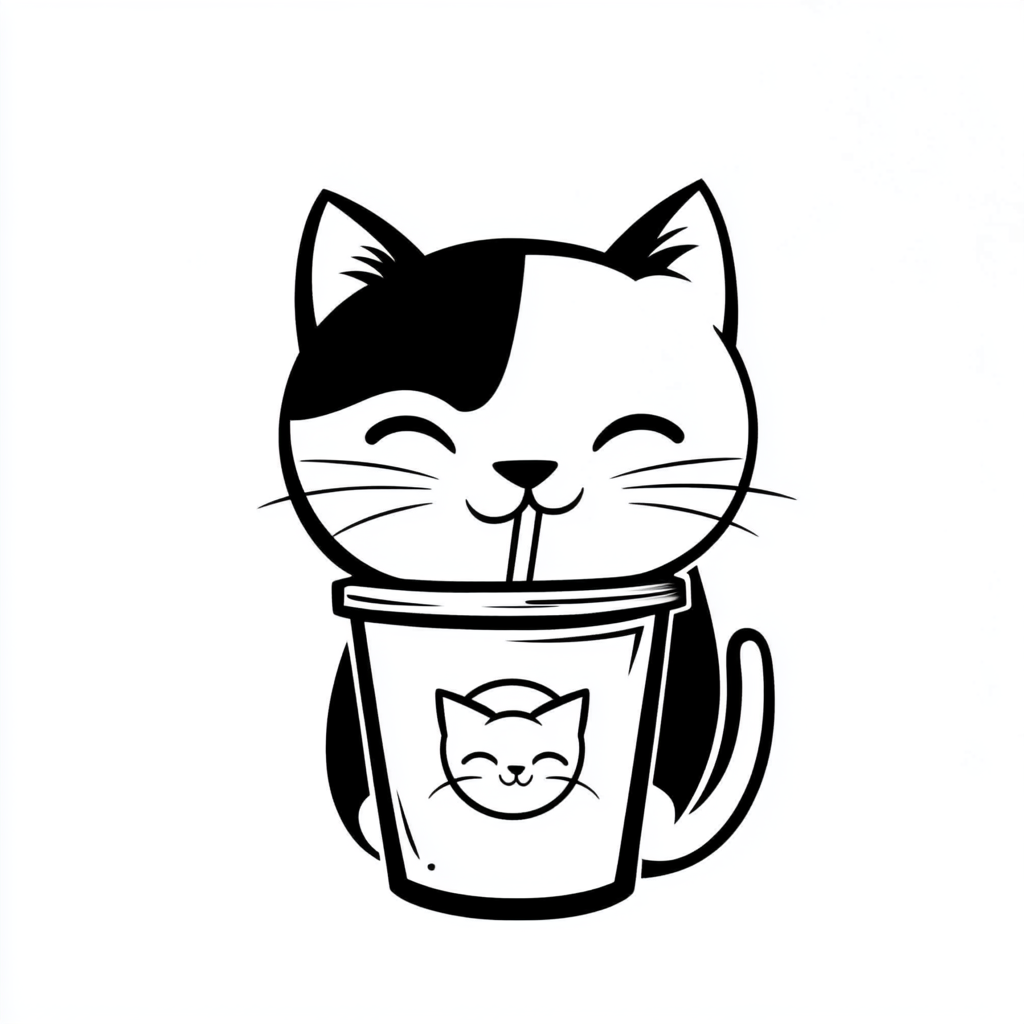 Cat enjoys latte with logo cup, smiling