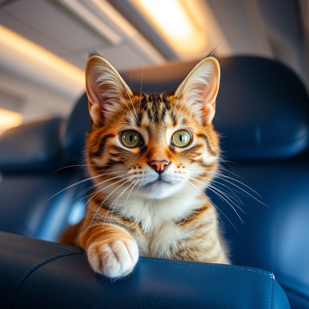 Cat in the airplane sees clouds