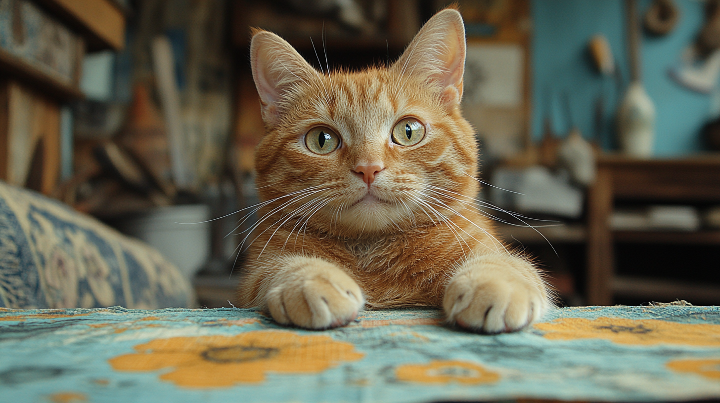 Cat plays with torn fabric as master creates.