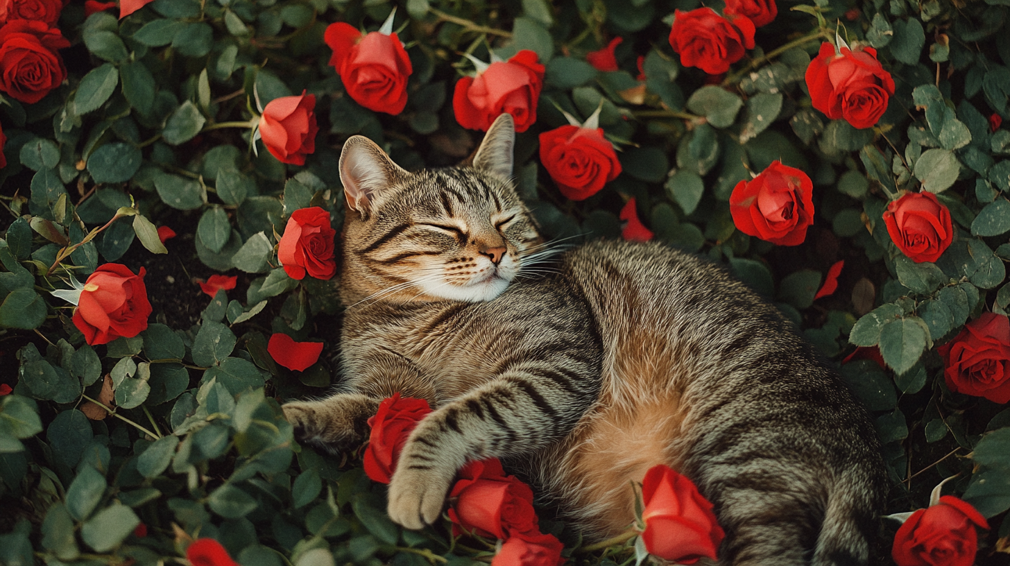 Cat resting on Roses, forming heart. Aerial photo.