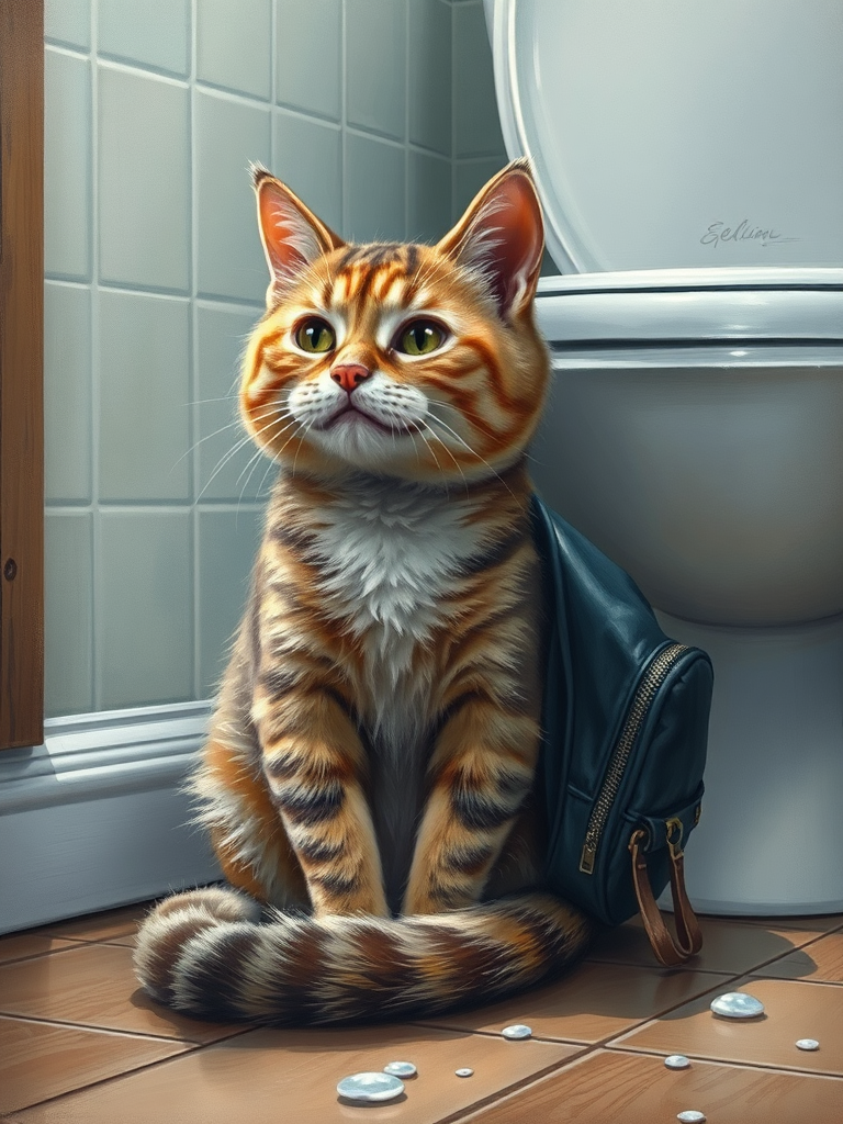 Cat with Backpack Crying & Puking Photorealistic Painting