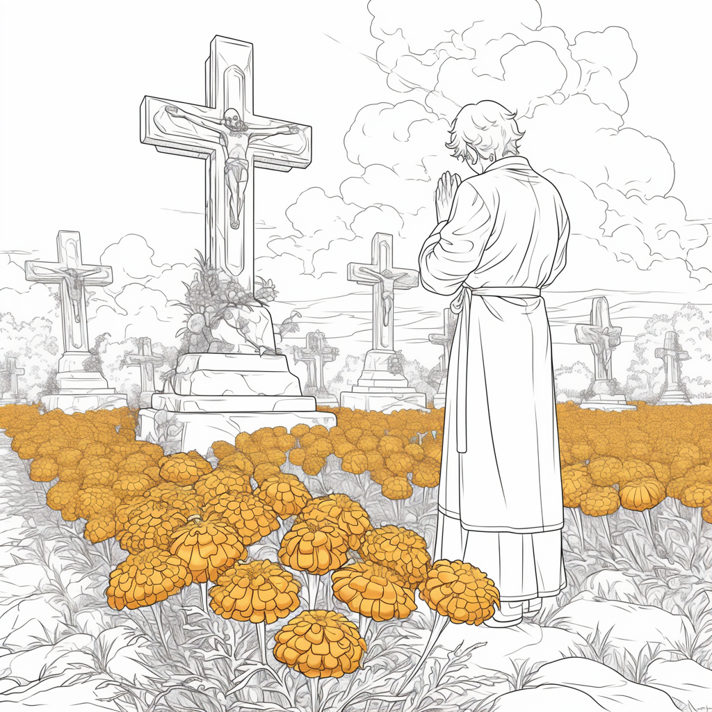 Catholic Prayer in Graveyard: Anime Marigold Flowers