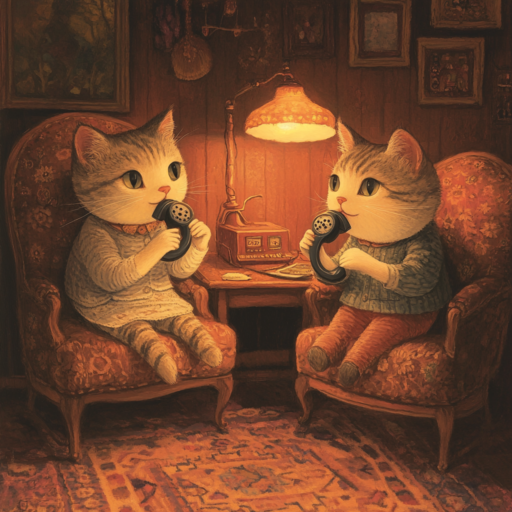 Cats Talking on Vintage Phones in Cozy Spaces