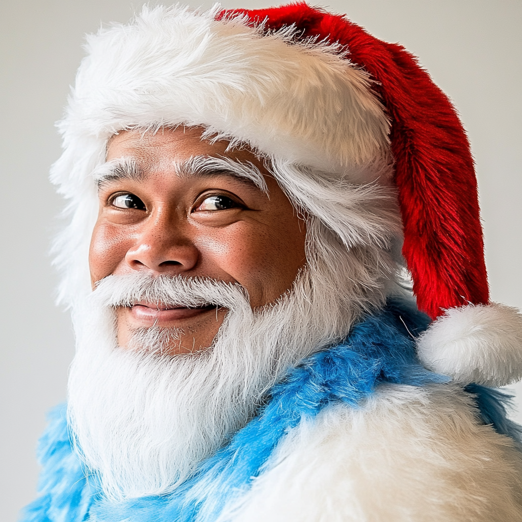 Caucasian Santa in blue costume and white beard