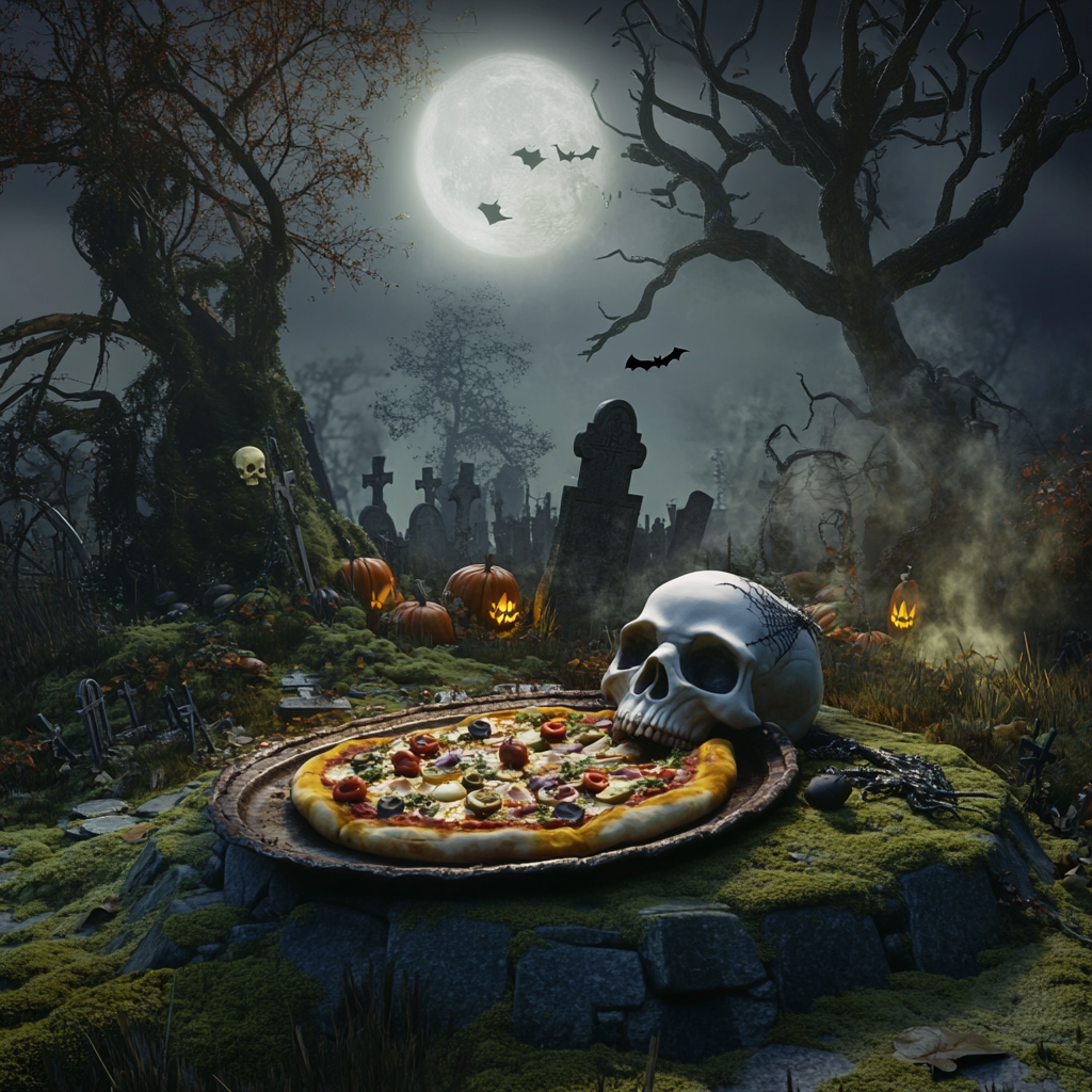 Cemetery Pizza Party: Spooky Skull and Festive Fun